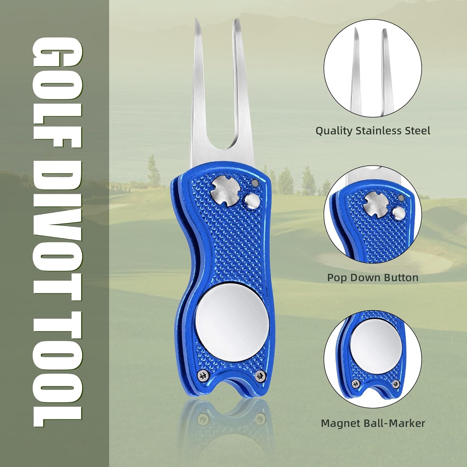 Golf Divot Repair Tool, All Metal Foldable Divot Tool with Pop-Up Button & Magnetic Ball Marker, 2-6 Pack