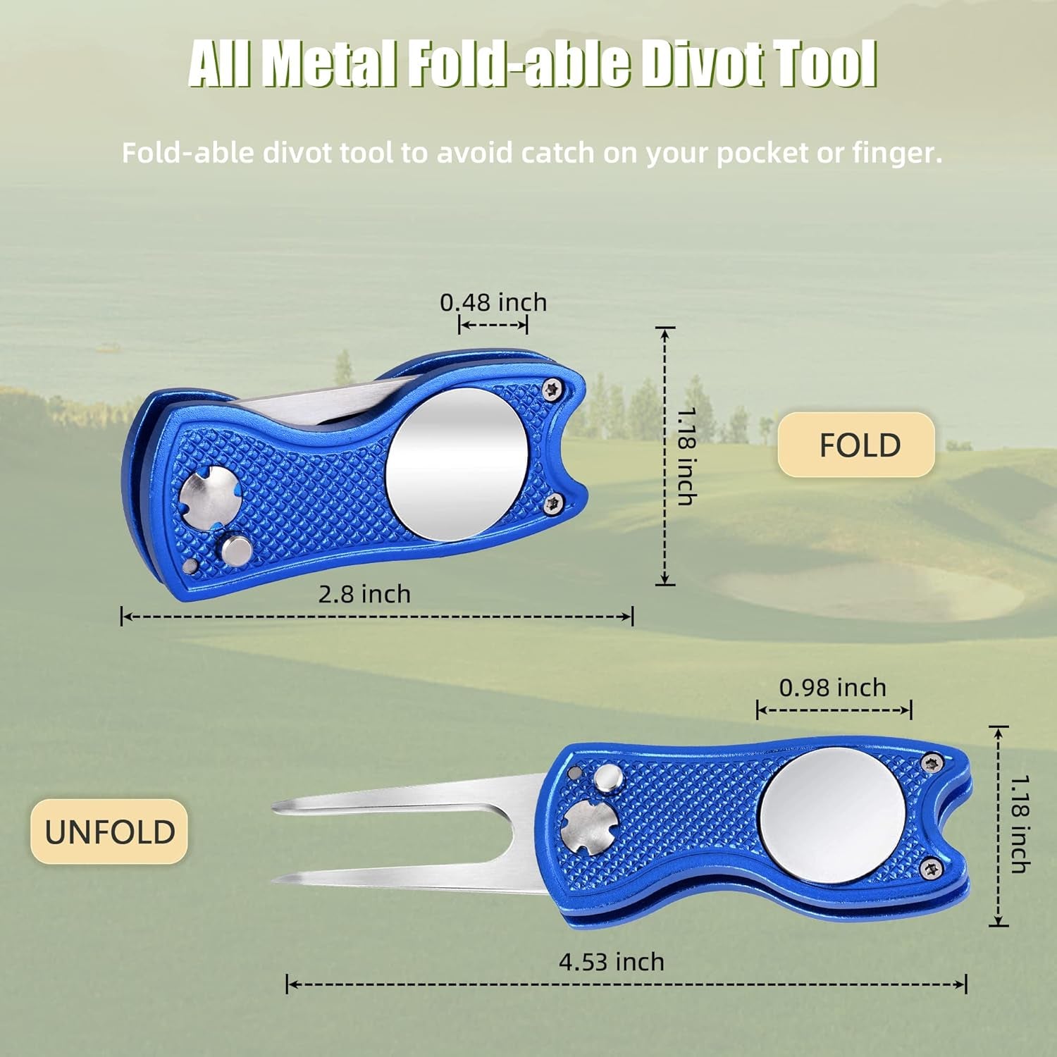 Golf Divot Repair Tool, All Metal Foldable Divot Tool with Pop-Up Button & Magnetic Ball Marker, 2-6 Pack